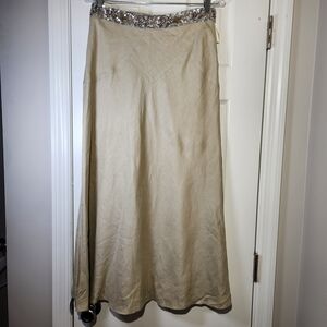 100% Linen Tan A Line Maxi Skirt  Gold & Silver Sequin Waistband Womens Size 4